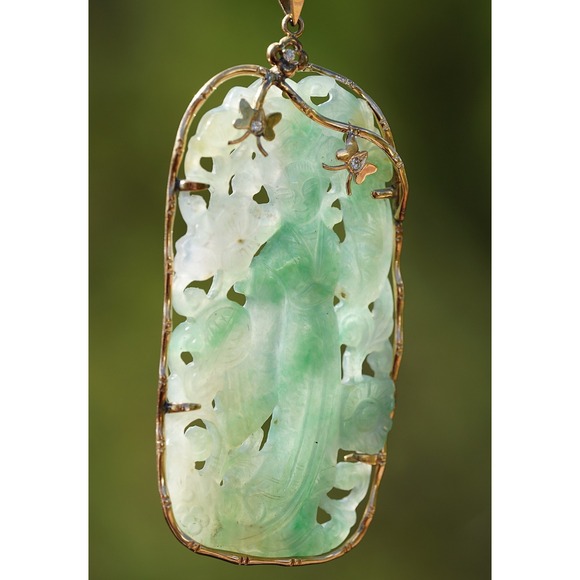 Antique 14k Solid Gold Natural Untreated Jadeite Jade & Diamond Pendant 28g - Picture 11 of 14